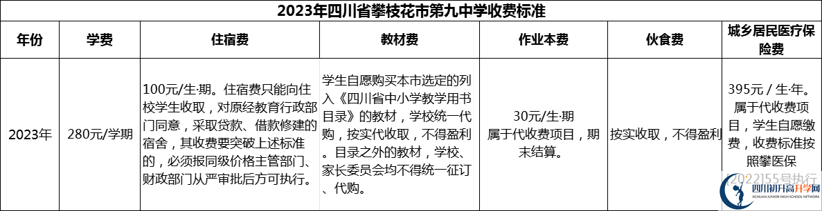 2024年攀枝花市四川省攀枝花市第九中學學費多少錢？